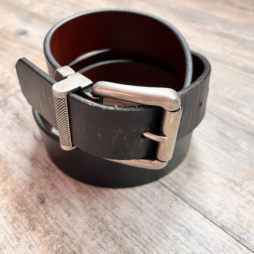 Fossil Leather Belt Size 40 Black Brown Reversible Silver Buckle Mens Vintage